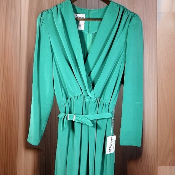 NWT Vintage 80s Henry Lee Emerald Green Draped Midi Dress Size 12 Made In USA - Picture 2 of 14